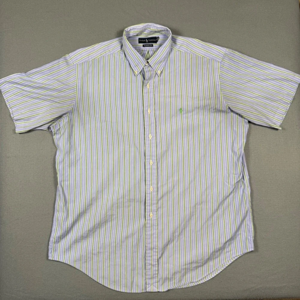 Ralph Lauren Classic Fit Striped Short Sleeve Button Down Shirt Blue Green XL